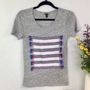 J. Crew grey stripe fringe embroidered top